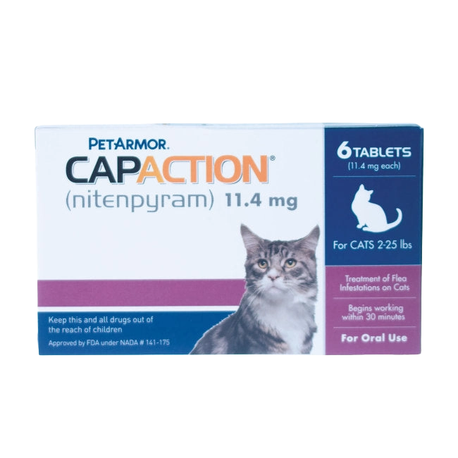 CapAction®,"Product box with cat photo and six-tablet label"