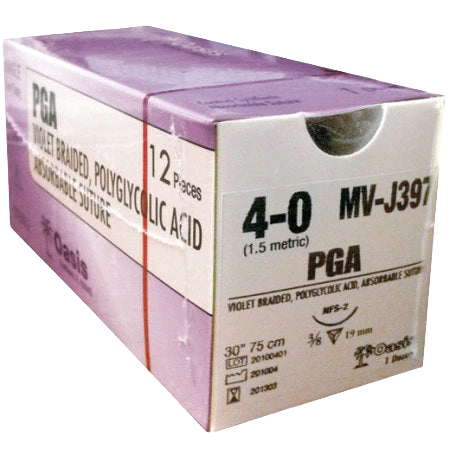 PGA Violet Braided Polyglycolic Absorbable Suture,"Purple and white suture box, angled front view"
