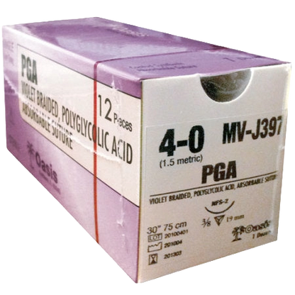 PGA Violet Braided Polyglycolic Absorbable Suture,"Purple and white suture box, angled front view"
