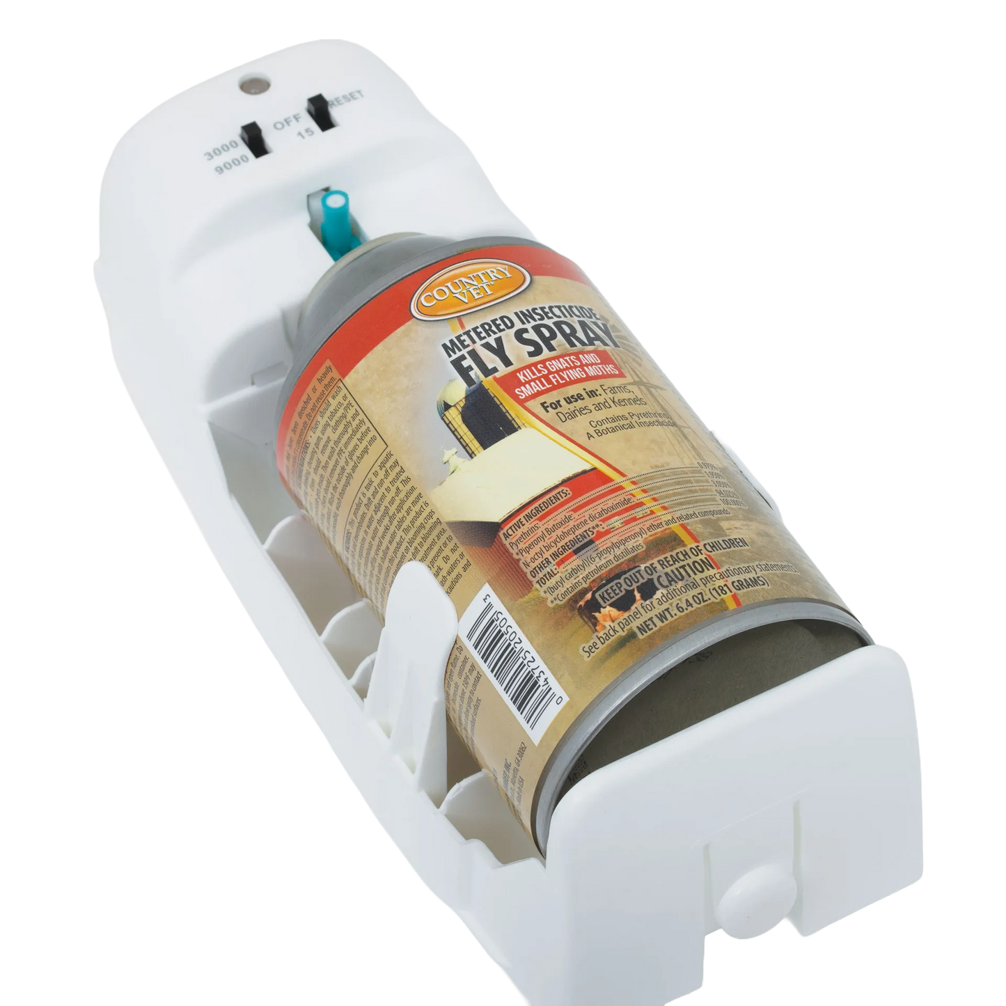 Country Vet Automatic Flying Insect Kill System,"White automatic dispenser with inserted aerosol can"