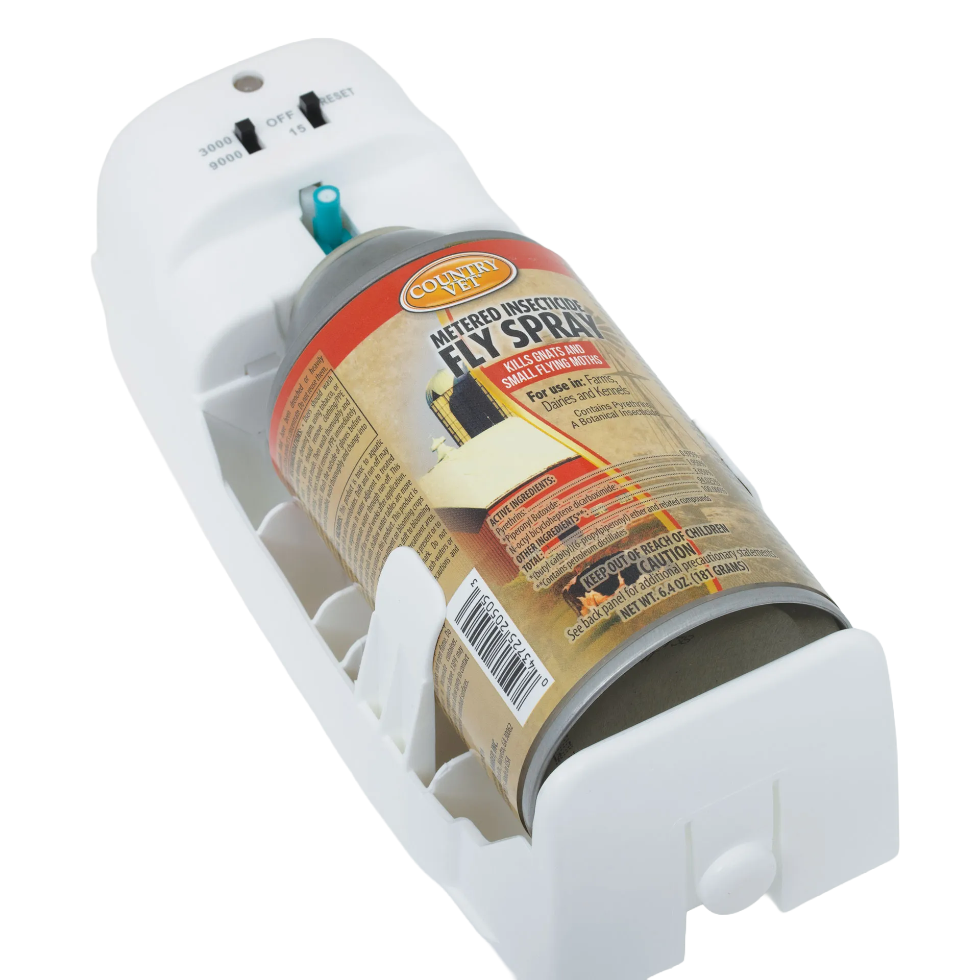 Country Vet Automatic Flying Insect Kill System,"White automatic dispenser with inserted aerosol can"