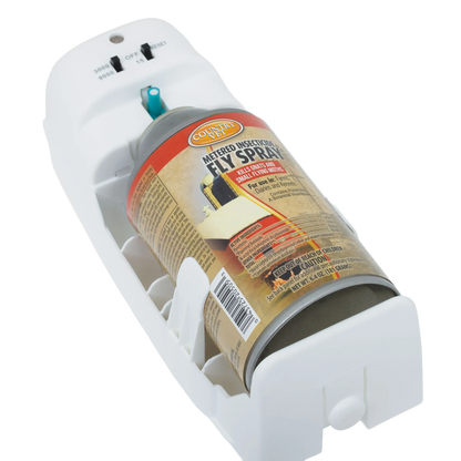 Country Vet Automatic Flying Insect Kill System,"White automatic dispenser with inserted aerosol can"