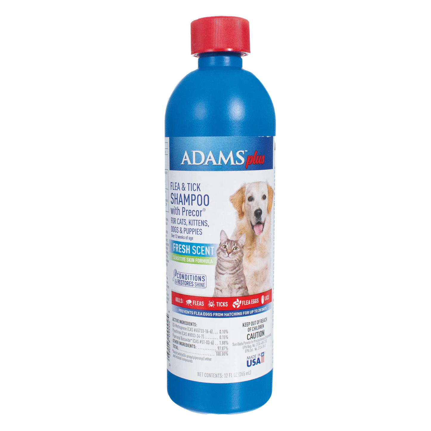 Adams™ Plus Flea and Tick Shampoo with Precor®,"Blue shampoo bottle with red cap and dog and cat label"