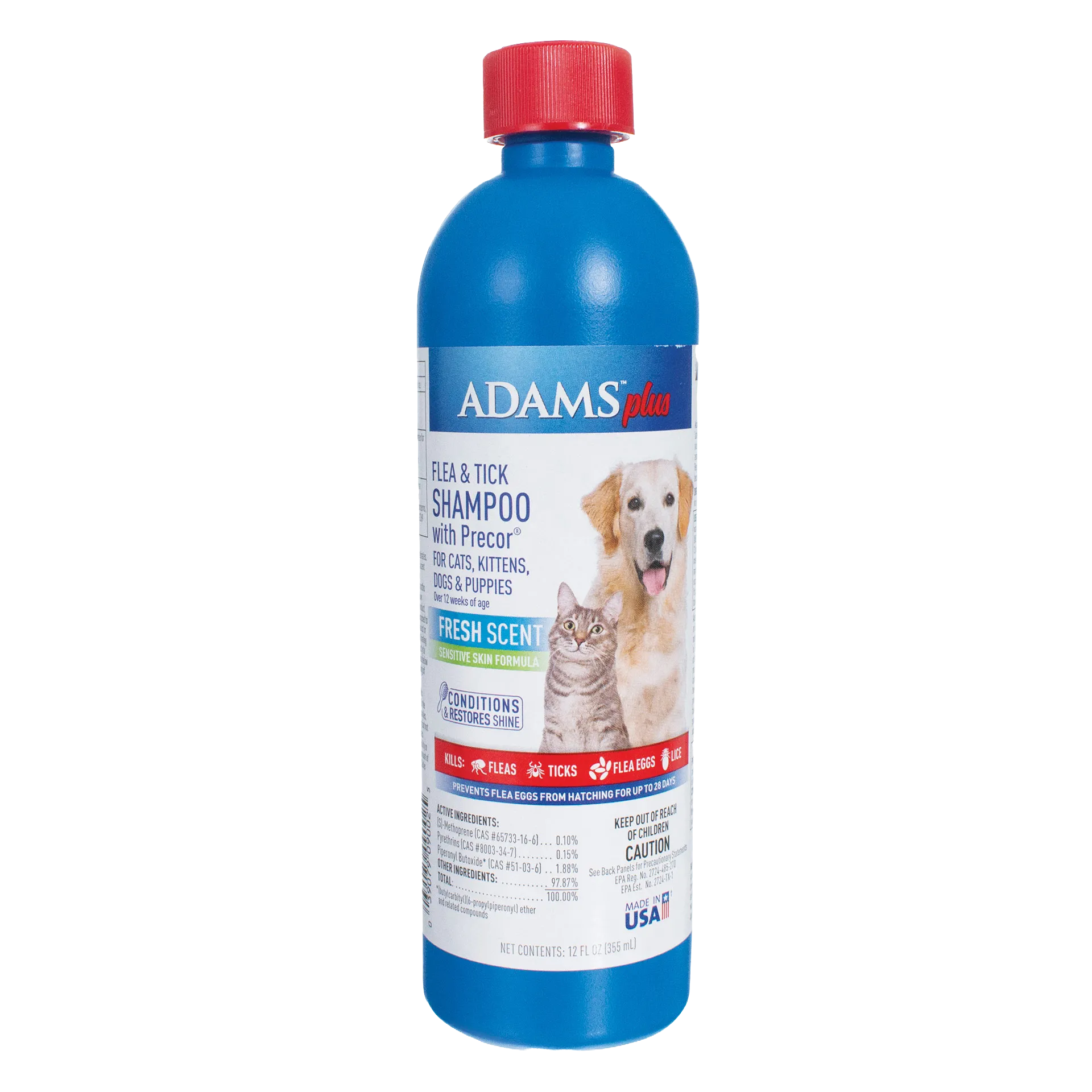 Adams™ Plus Flea and Tick Shampoo with Precor®,"Blue shampoo bottle with red cap and dog and cat label"