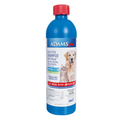 Adams™ Plus Flea and Tick Shampoo with Precor®,"Blue shampoo bottle with red cap and dog and cat label"