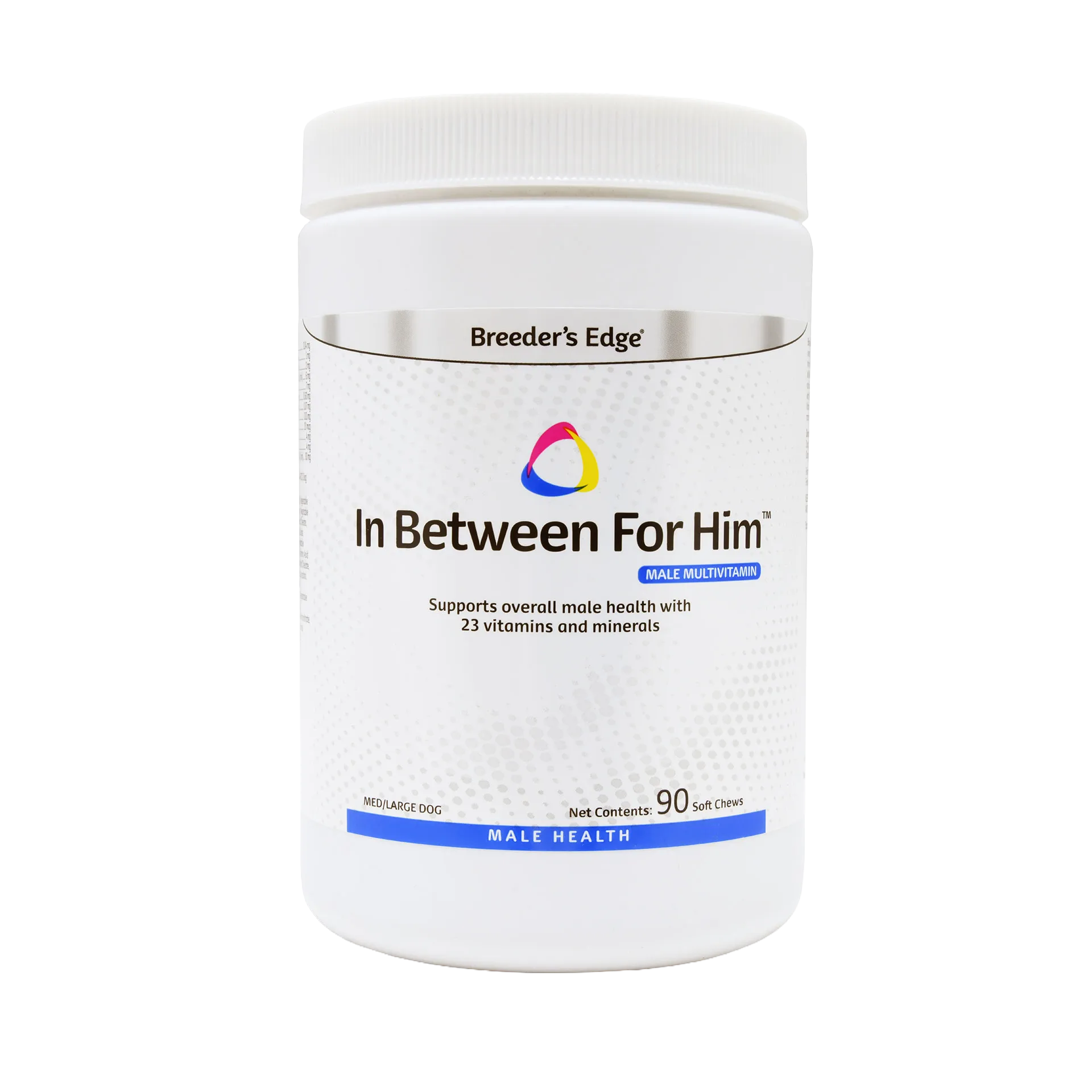 Breeder's Edge® His Edge,"White supplement bottle with white cap and blue label accents"