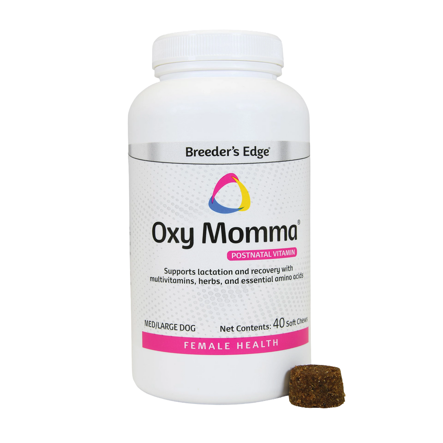 Breeder's Edge® Oxy Momma®,"White supplement bottle with screw cap and one brown soft chew"