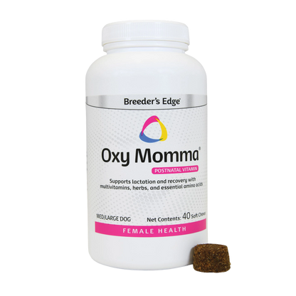 Breeder's Edge® Oxy Momma®,"White supplement bottle with screw cap and one brown soft chew"