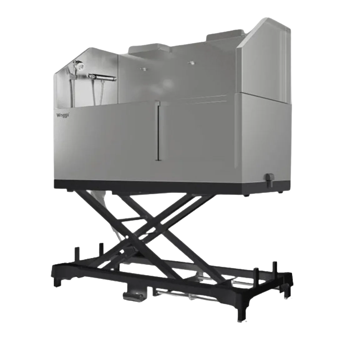 Dog Grooming Electric Tub with Sliding Door by Waggz,"Stainless steel grooming tub on black lift base with faucet"