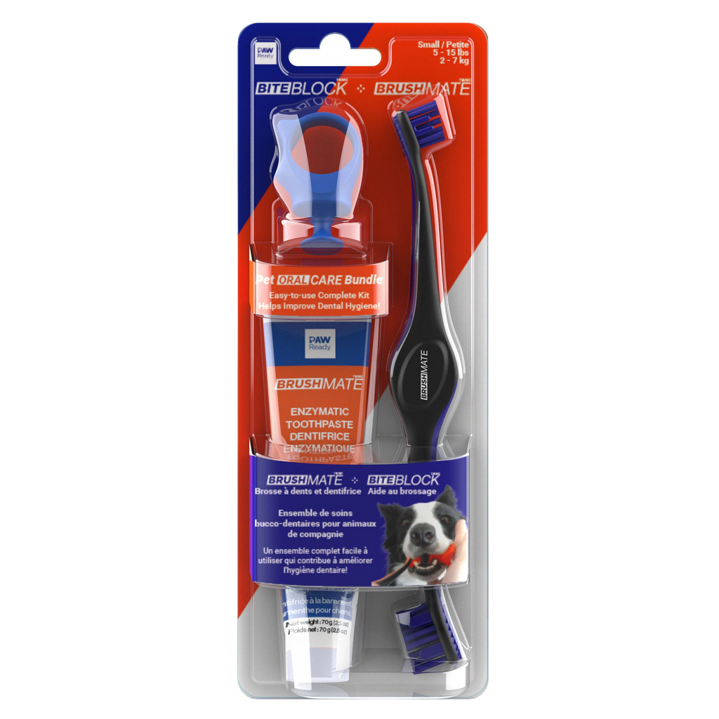Paw Ready Oral Care Bundle,"Blister pack with dog toothbrush, toothpaste tube, and bite block"
