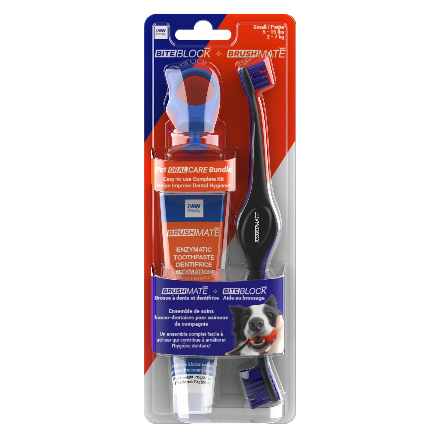 Paw Ready Oral Care Bundle,"Blister pack with dog toothbrush, toothpaste tube, and bite block"