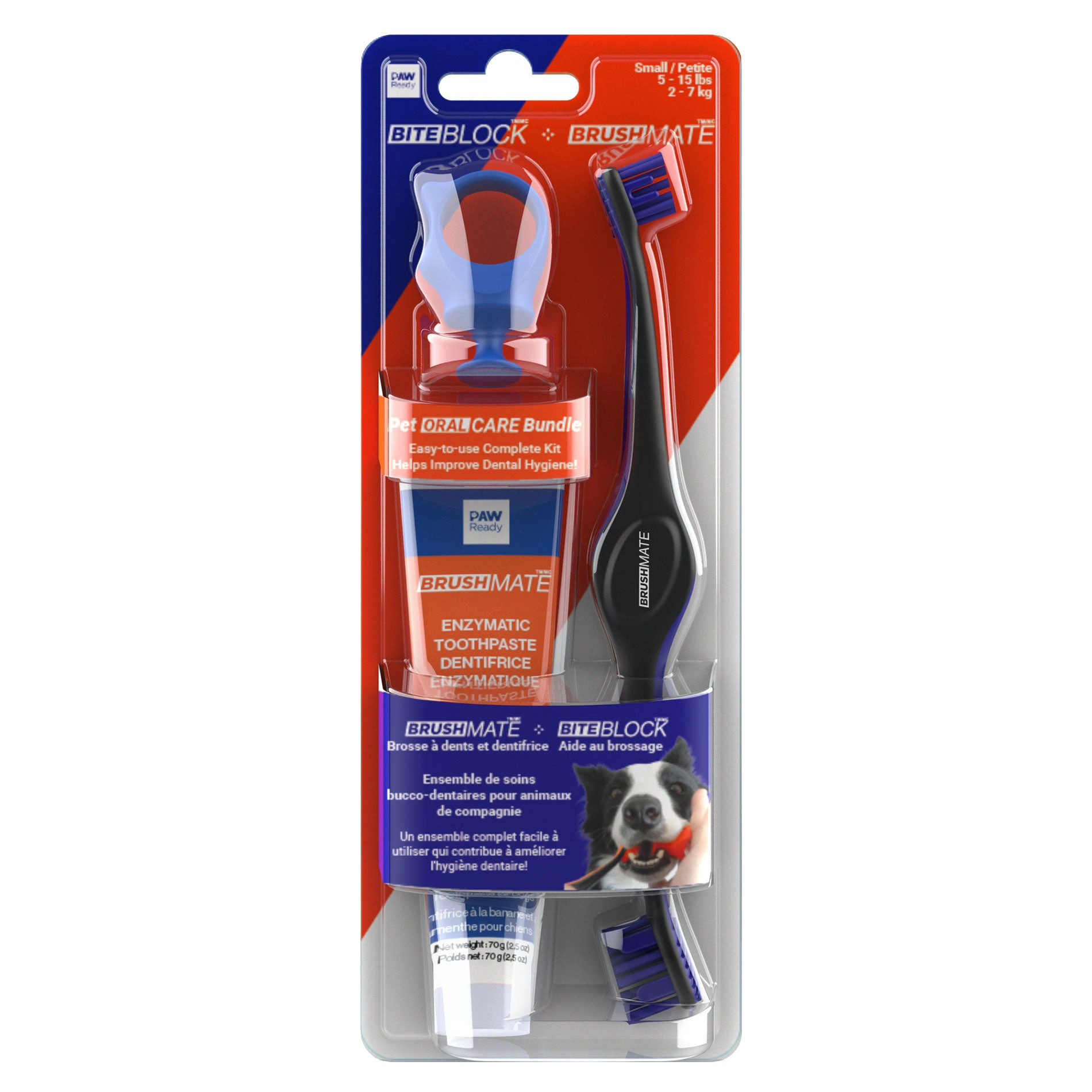Paw Ready Oral Care Bundle,"Blister pack with dog toothbrush, toothpaste tube, and bite block"