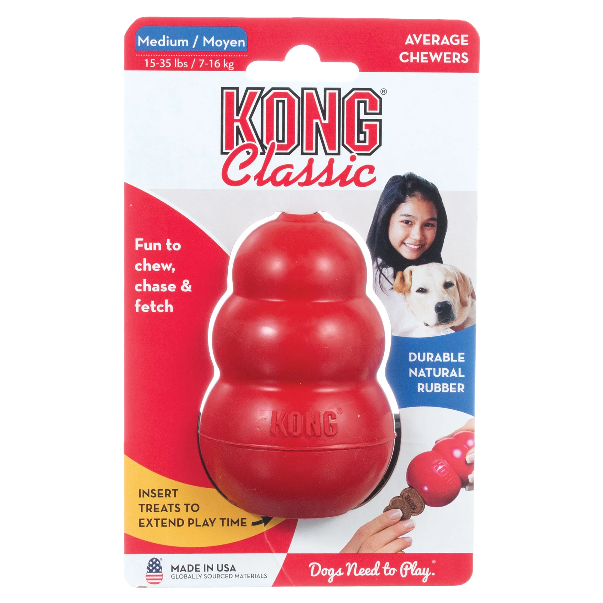 Kong® Classic,"Red rubber dog toy in retail blister packaging"