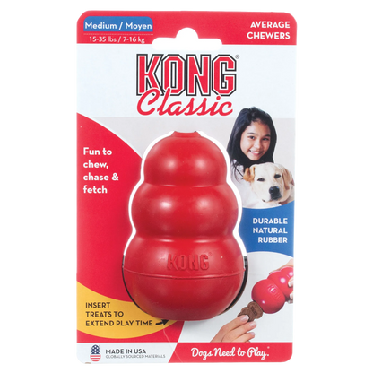 Kong® Classic,"Red rubber dog toy in retail blister packaging"