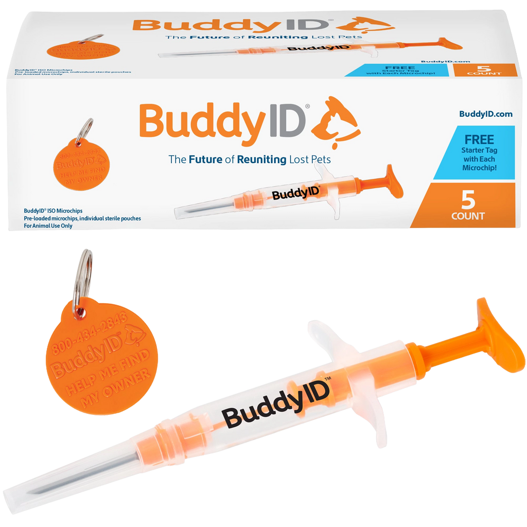 BuddyID®  ISO Microchip,"Box with preloaded syringe and orange pet ID tag"