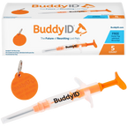 BuddyID®  ISO Microchip,"Box with preloaded syringe and orange pet ID tag"