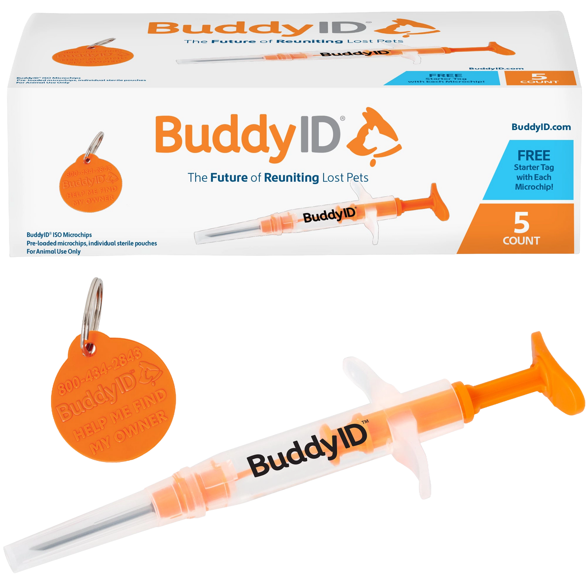 BuddyID®  ISO Microchip,"Box with preloaded syringe and orange pet ID tag"