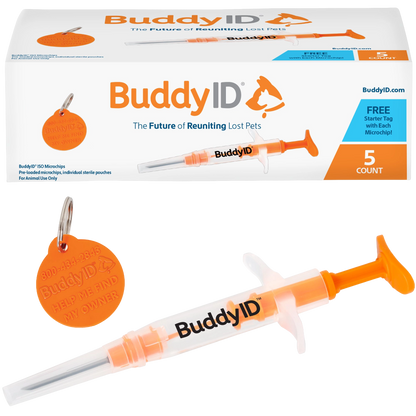 BuddyID®  ISO Microchip,"Box with preloaded syringe and orange pet ID tag"