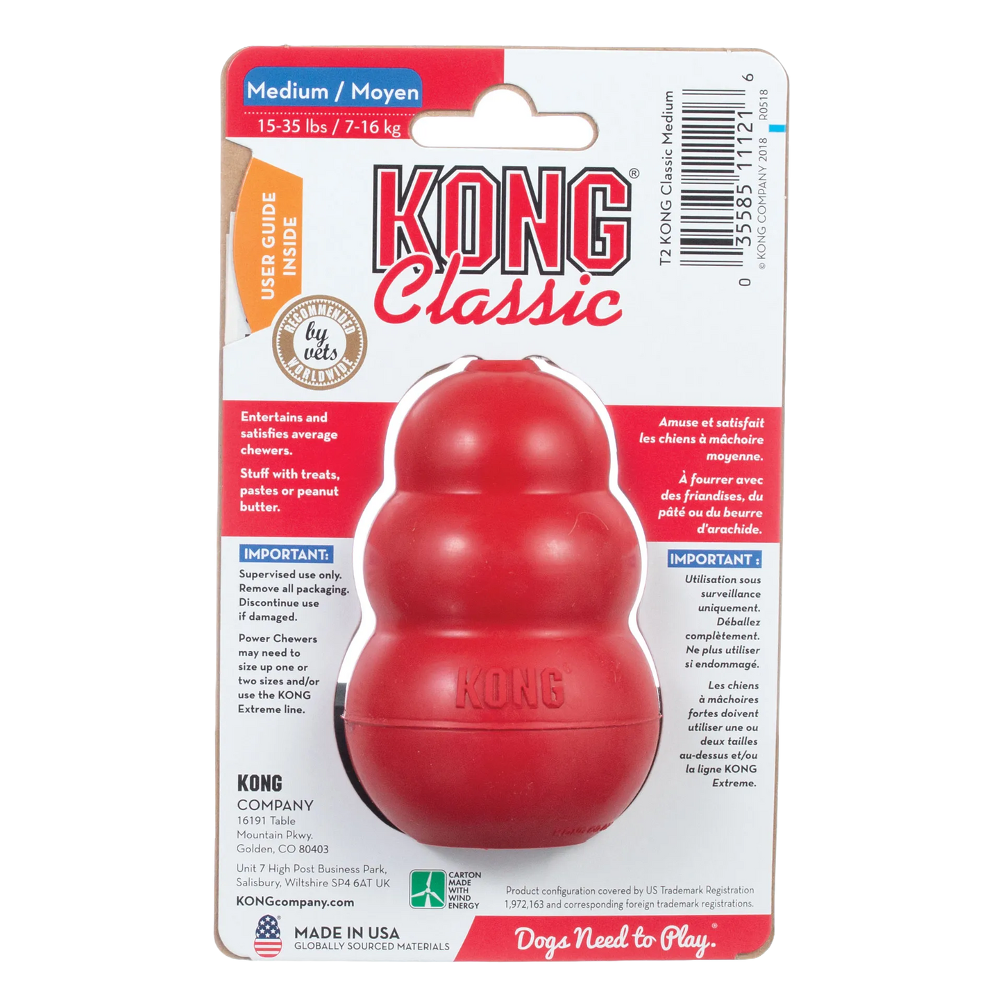 Kong® Classic,"Red rubber dog toy in retail packaging, front view"