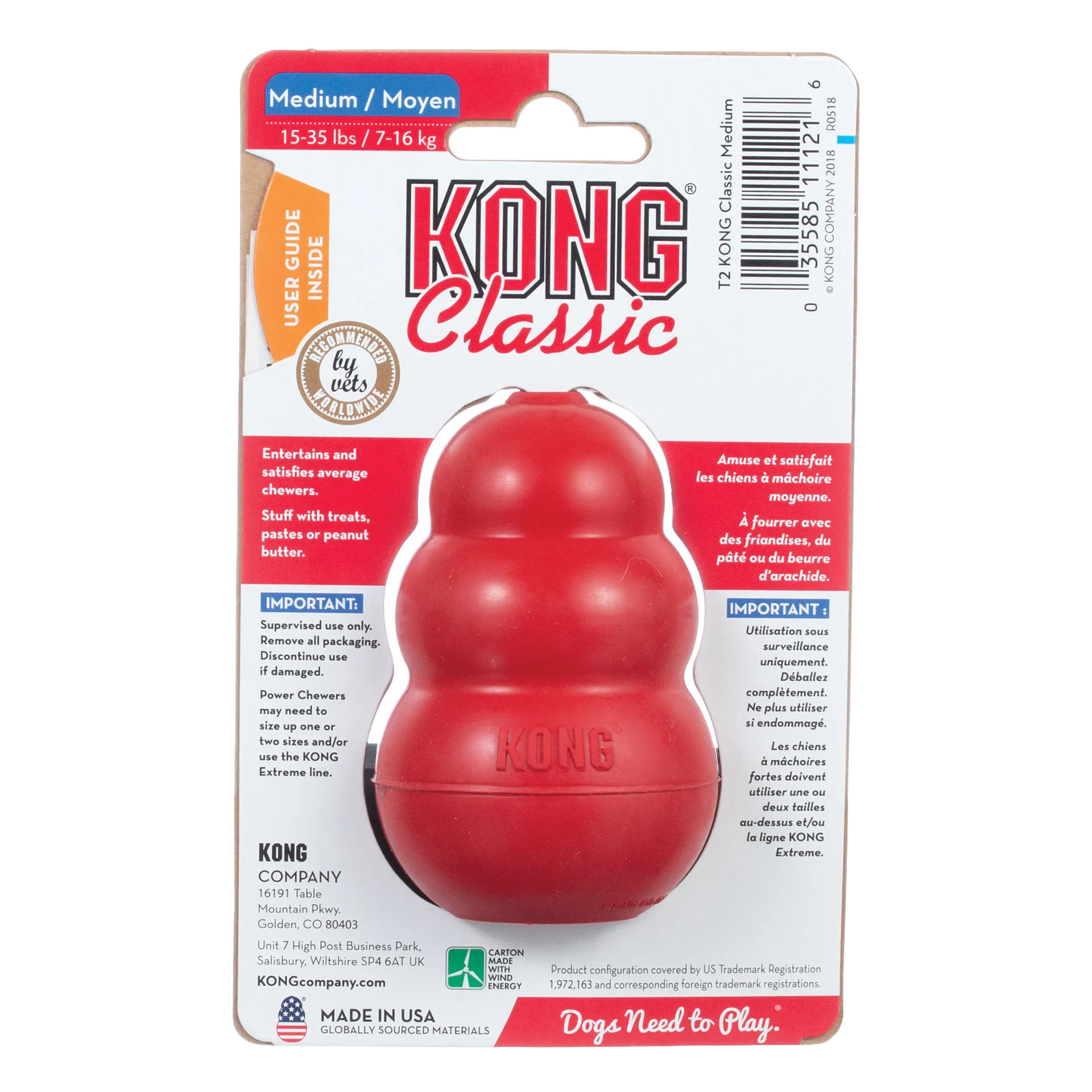 Kong® Classic,"Red rubber dog toy in retail packaging, front view"