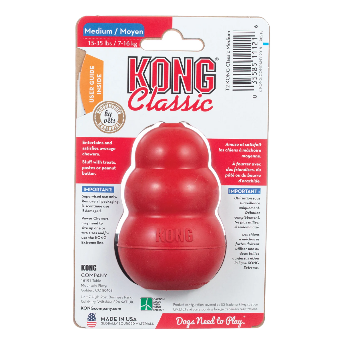 Kong® Classic,"Red rubber dog toy in retail packaging, front view"
