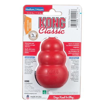 Kong® Classic,"Red rubber dog toy in retail packaging, front view"