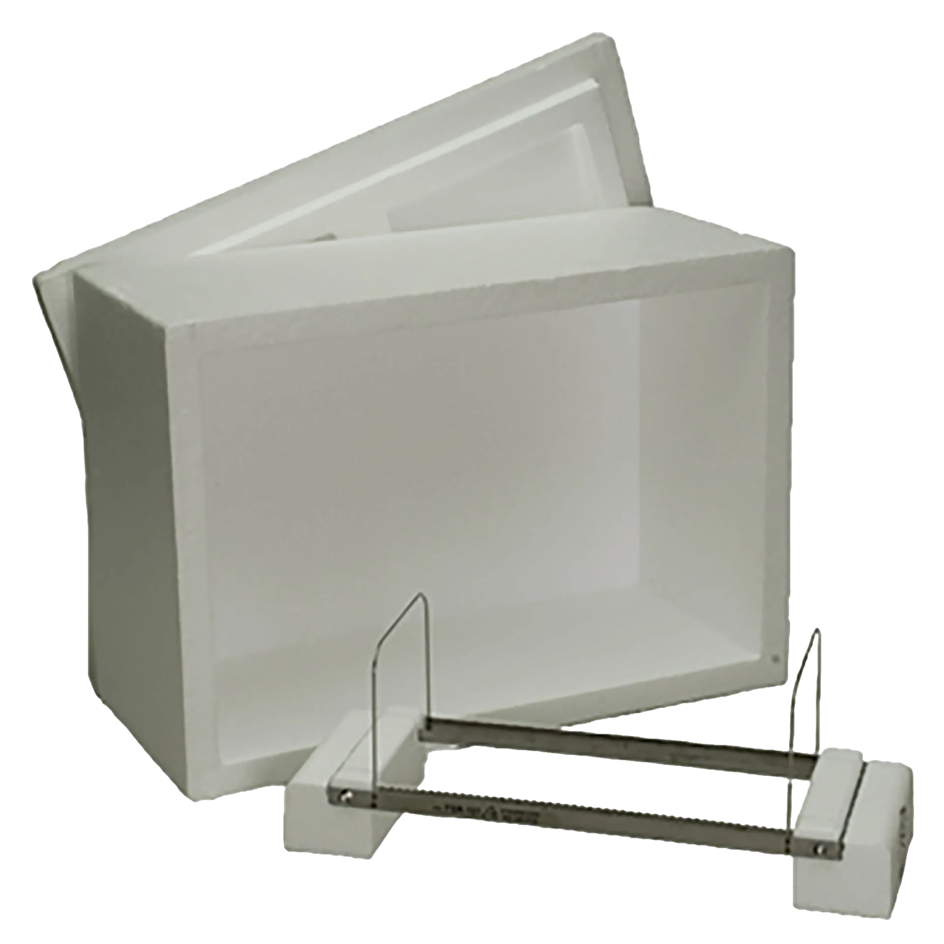 Floating Straw Rack & Cooler Chest,"White cooler chest with open lid and metal rack insert"