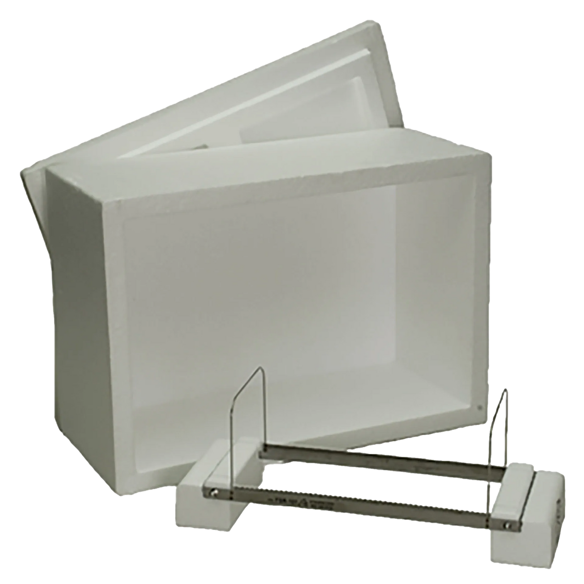 Floating Straw Rack & Cooler Chest,"White cooler chest with open lid and metal rack insert"