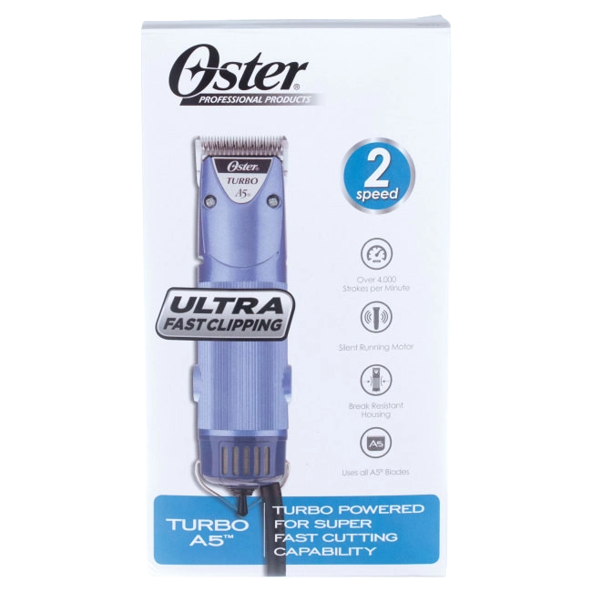 Oster® Turbo A5® 2-Speed Clippers,"Retail box with blue clipper image"