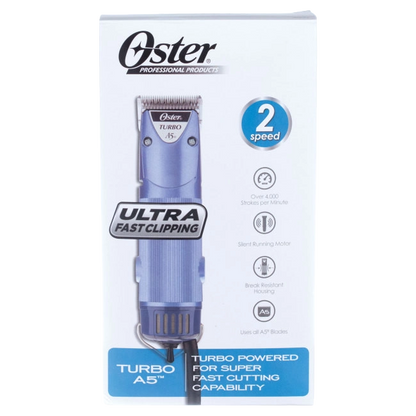 Oster® Turbo A5® 2-Speed Clippers,"Retail box with blue clipper image"