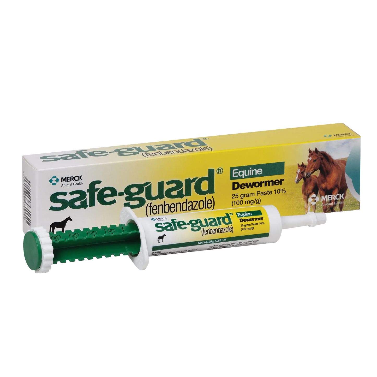 Safe-Guard® Equine Dewormer,"Paste syringe with green plunger and product box"