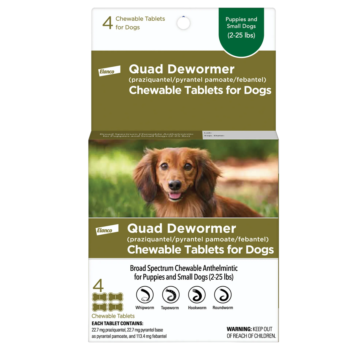 Quad Dewormer,"Front of box with dachshund photo and 4 chewable tablets"