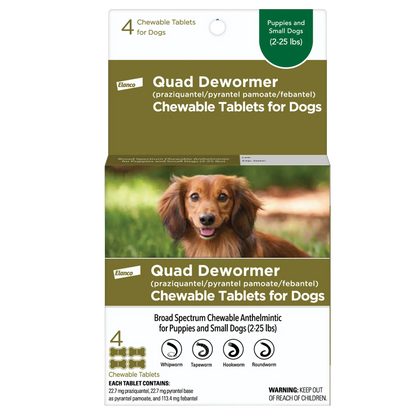 Quad Dewormer,"Front of box with dachshund photo and 4 chewable tablets"