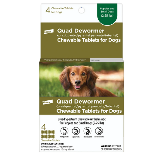 Quad Dewormer,"Front of box with dachshund photo and 4 chewable tablets"