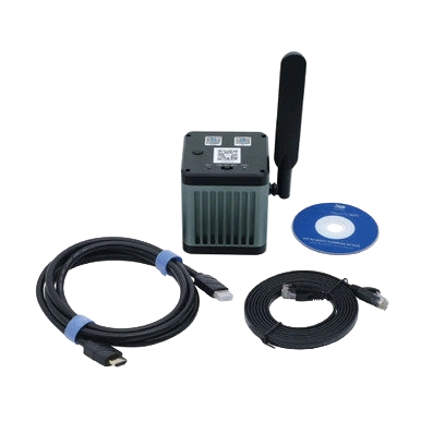 MegaVID WiFi 12MP Camera,"Compact camera with antenna, USB cables, and software disc"