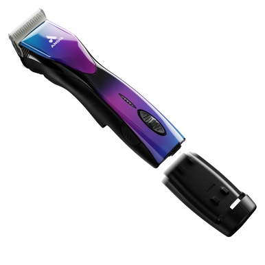 Pulse ZR II - Purple Galaxy Limited Edition Clipper,"Purple and blue cordless clipper angled front view"