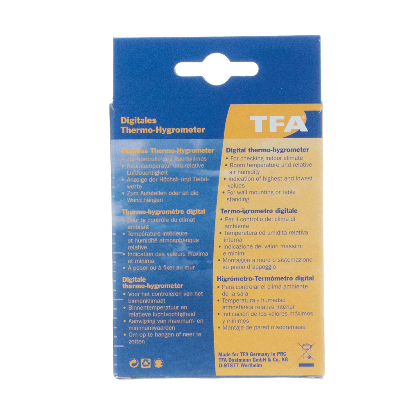 Hygro-Thermometer,"Back view of blue and yellow retail package"