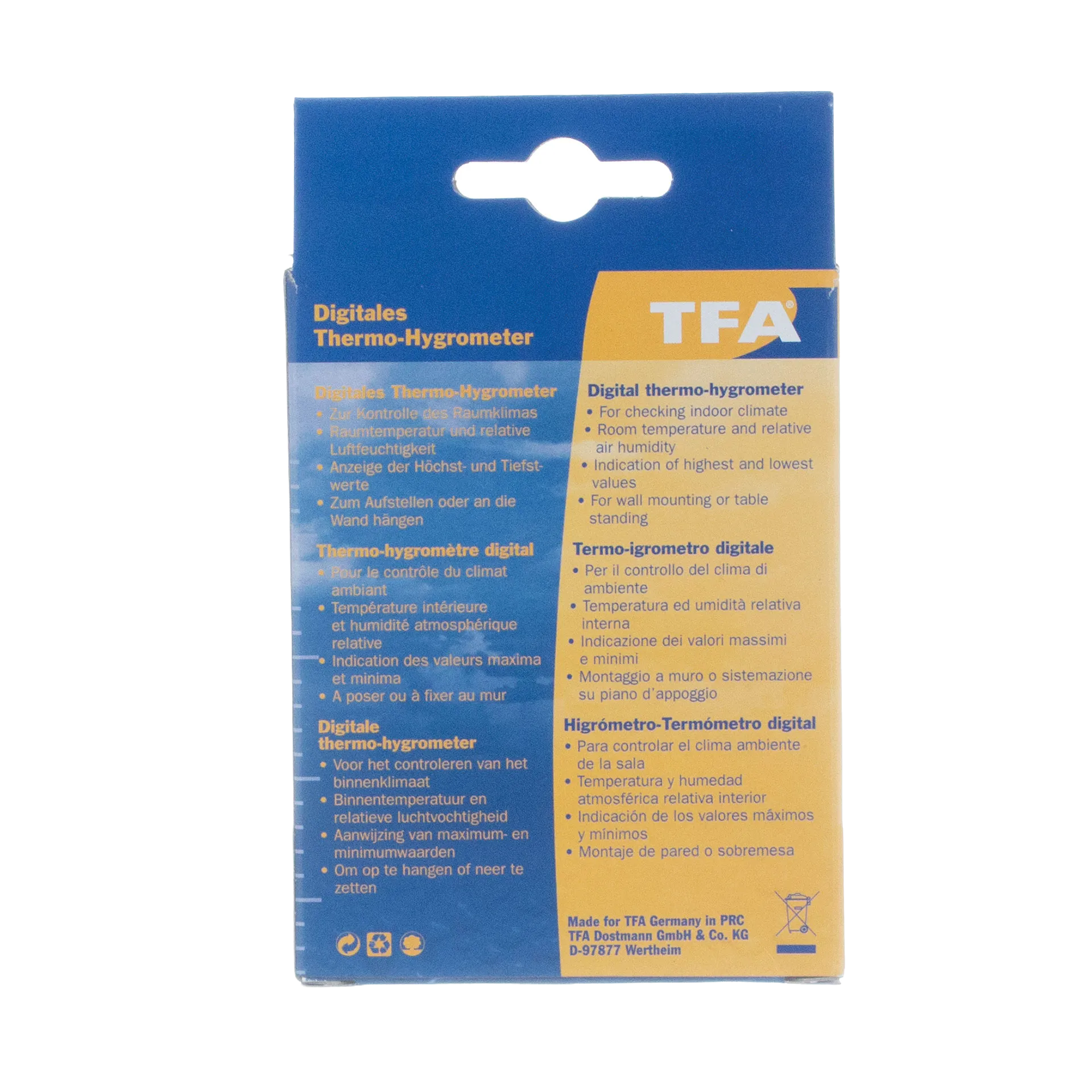 Hygro-Thermometer,"Back view of blue and yellow retail package"
