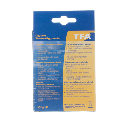 Hygro-Thermometer,"Back view of blue and yellow retail package"