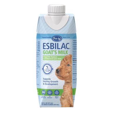 PetAg Goat's Milk Esbilac Puppy Milk Replacer Liquid for Puppies,"Carton of liquid puppy milk replacer with screw cap"