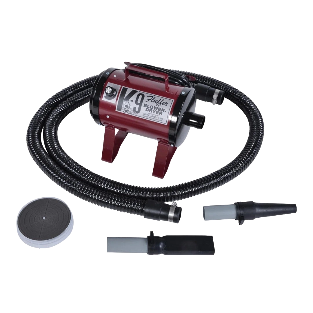 K-9 Fluffer Dog Dryer & Dog Fluffer,"Red dog dryer with coiled hose and nozzle attachments"