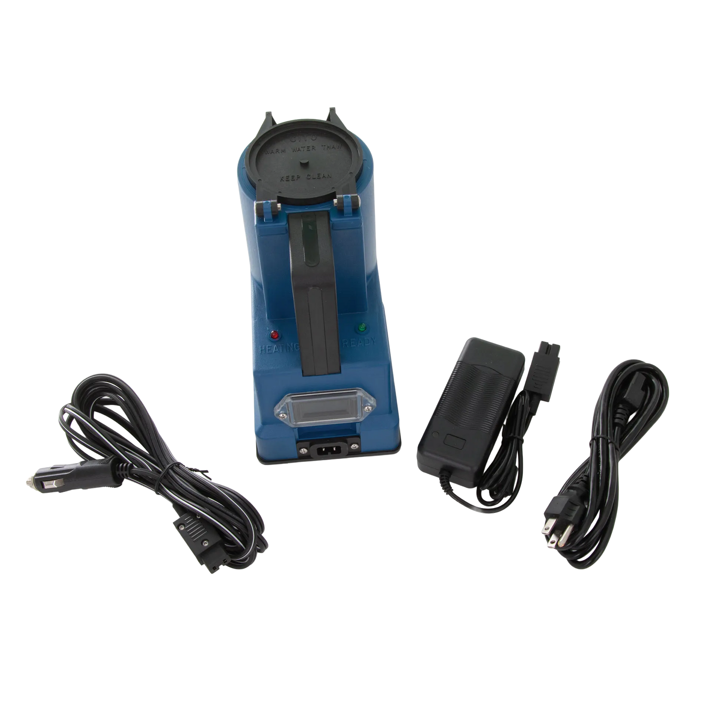 Digital Cito Thaw,"Blue warming unit with attached power cords and adapter"