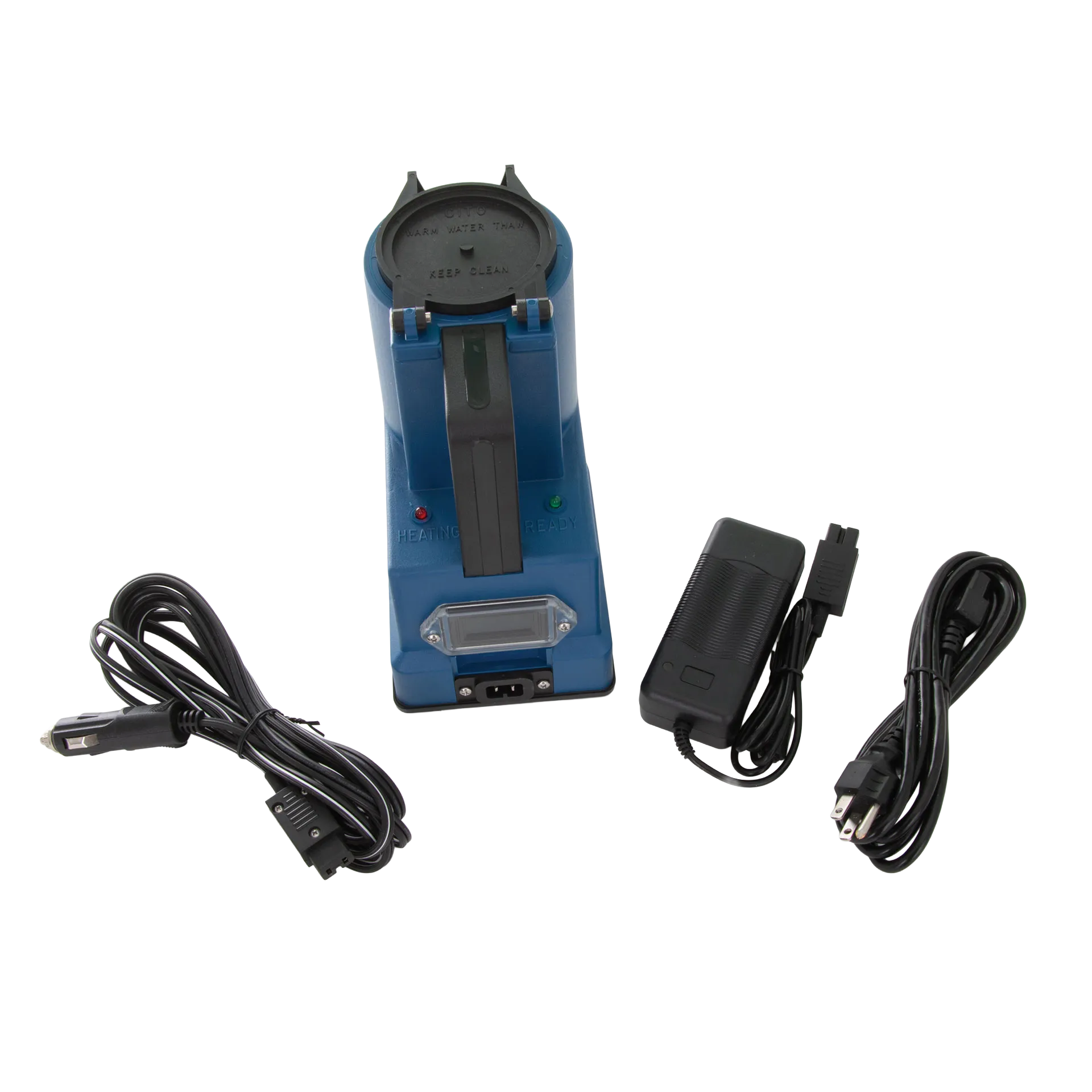 Digital Cito Thaw,"Blue warming unit with attached power cords and adapter"