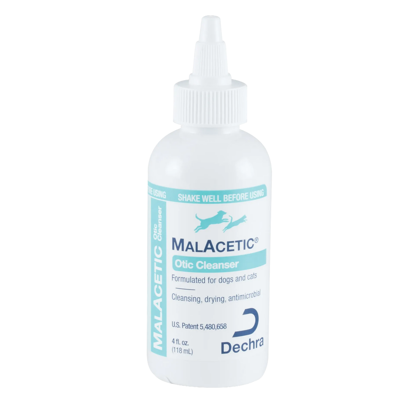 Malacetic® Otic Cleanser,"White bottle with pointed nozzle cap and blue label"