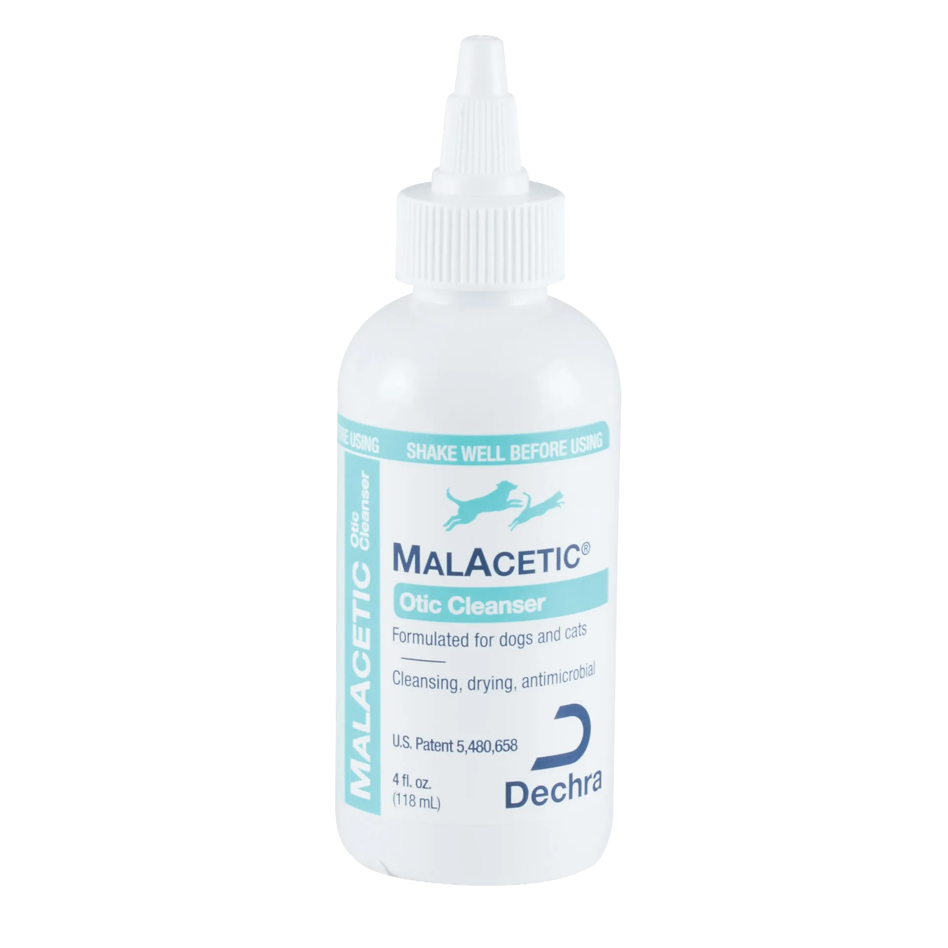 Malacetic® Otic Cleanser,"White bottle with pointed nozzle cap and blue label"