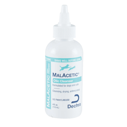 Malacetic® Otic Cleanser,"White bottle with pointed nozzle cap and blue label"