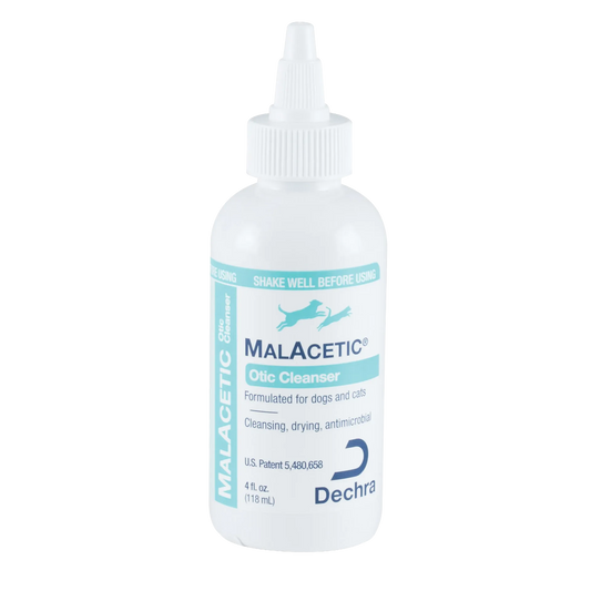 Malacetic® Otic Cleanser,"White bottle with pointed nozzle cap and blue label"