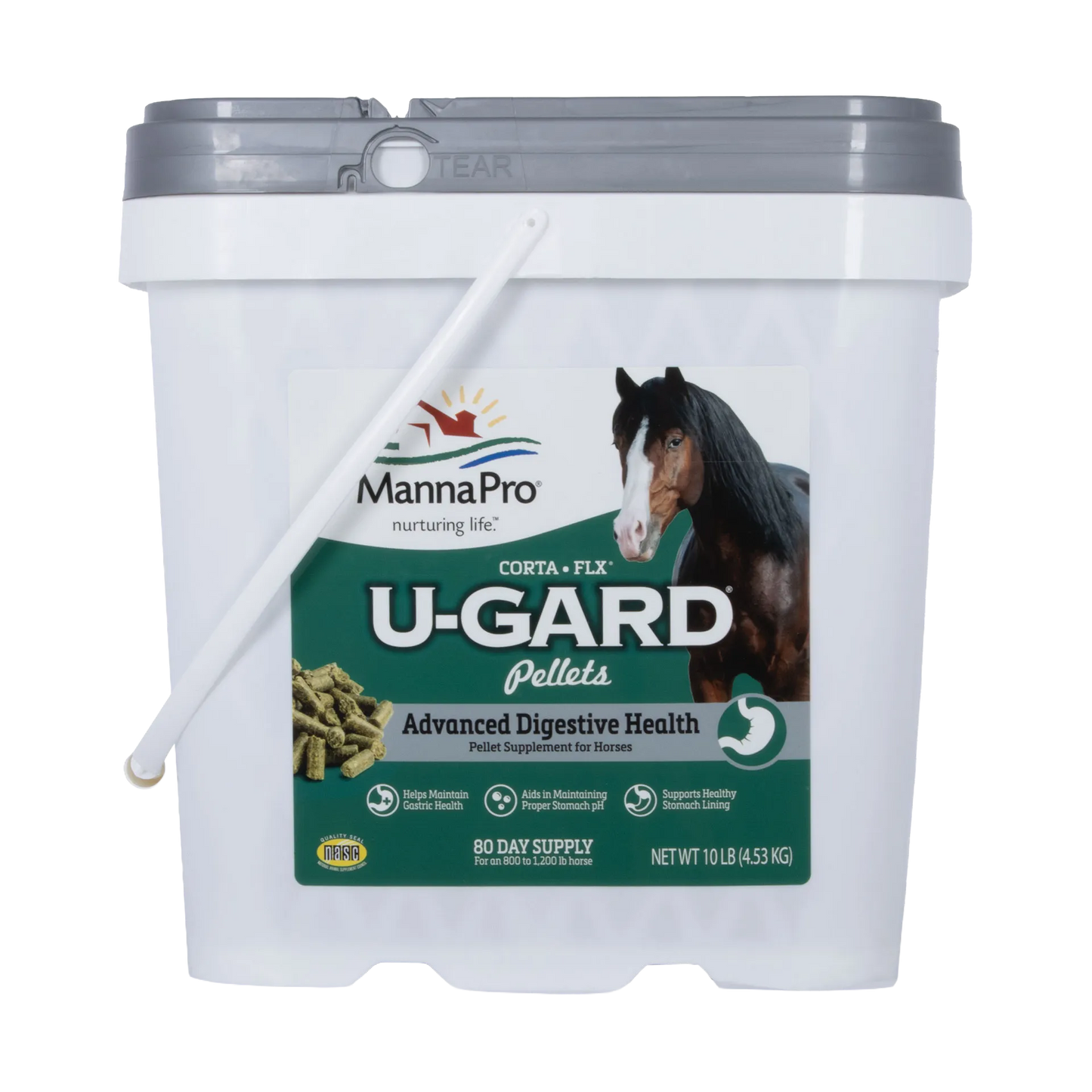 U-Gard® Pellets for Horses,"White bucket with gray lid and handle, front horse label"