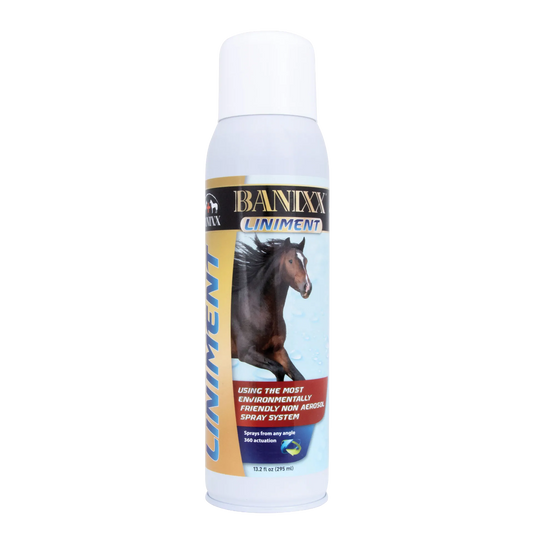 Banixx® Premium Liniment,"White spray bottle with horse image on label"