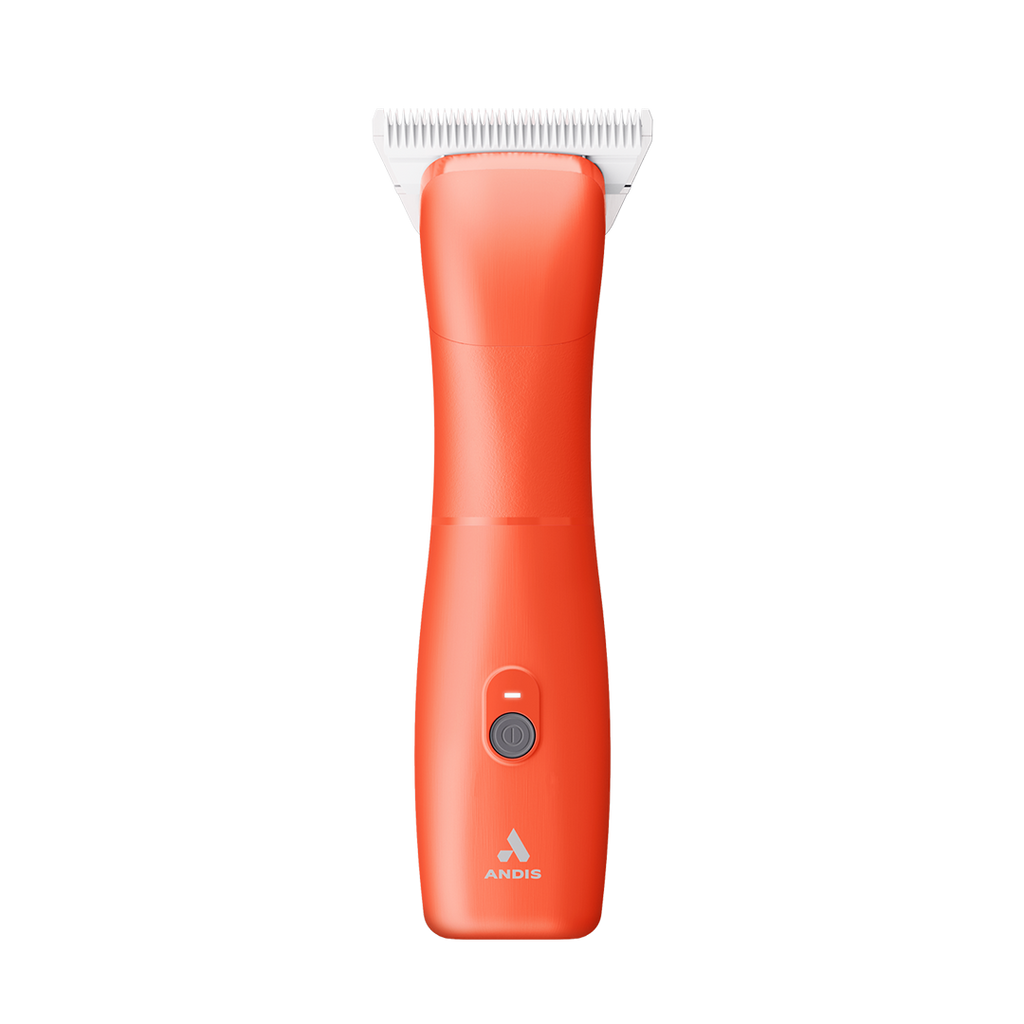 Emerge Clipper Orange with Wide 30 Blade by Andis,"Orange clipper with wide silver blade, front view"